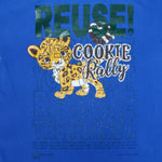 Eco friendly upcycled blue cheetah cookie rally T-Shirt that says Reuse Because You Can't Recycle The Planet.