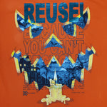 Eco friendly upcycled orange Jack-O'-Lantern Candle T-Shirt that says Reuse Because You Can't Recycle The Planet.