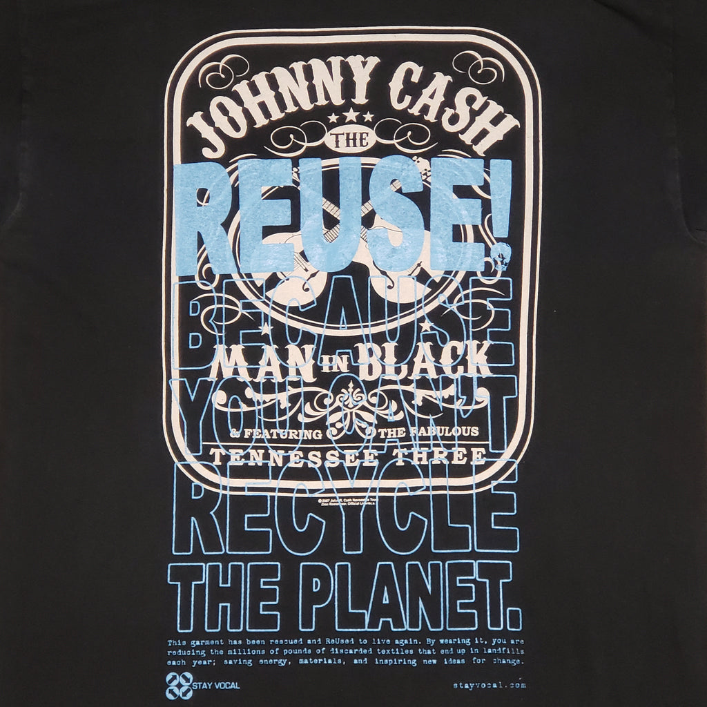 Eco friendly upcycled black Johnny Cash T-Shirt that says Reuse Because You Can't Recycle The Planet.