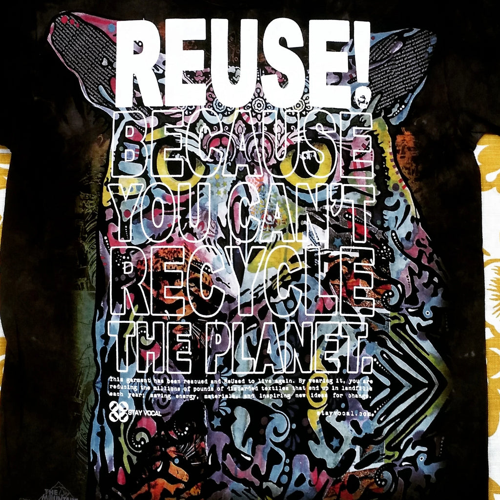 Eco friendly upcycled black colorful owl T-Shirt that says Reuse Because You Can't Recycle The Planet.