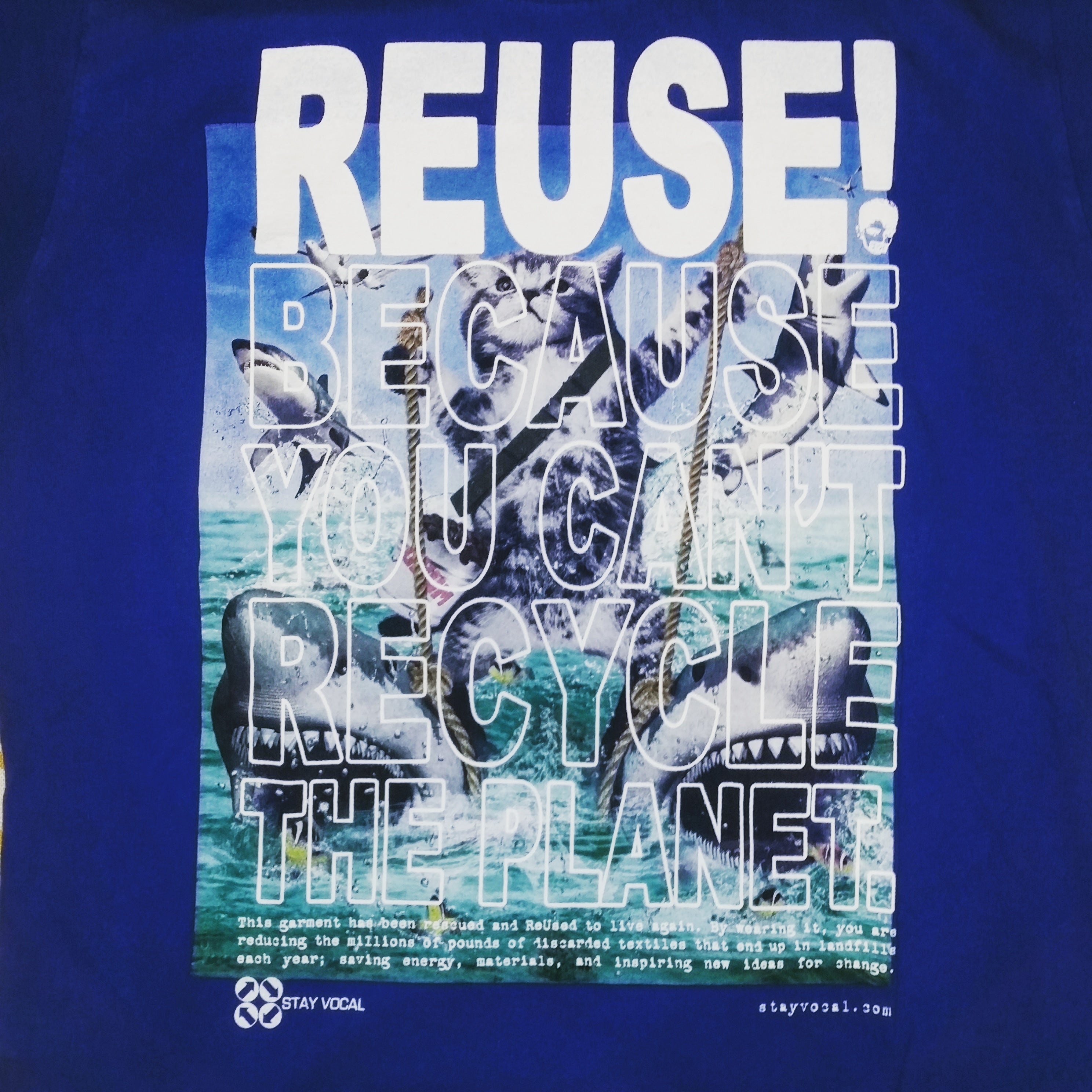 One of a Kind (Men's M) REUSE! Shark Skiing Cat T-Shirt