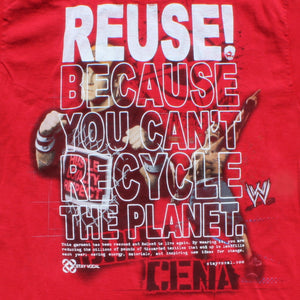 Eco friendly upcycled red John Cena WWE T-Shirt that says Reuse Because You Can't Recycle The Planet